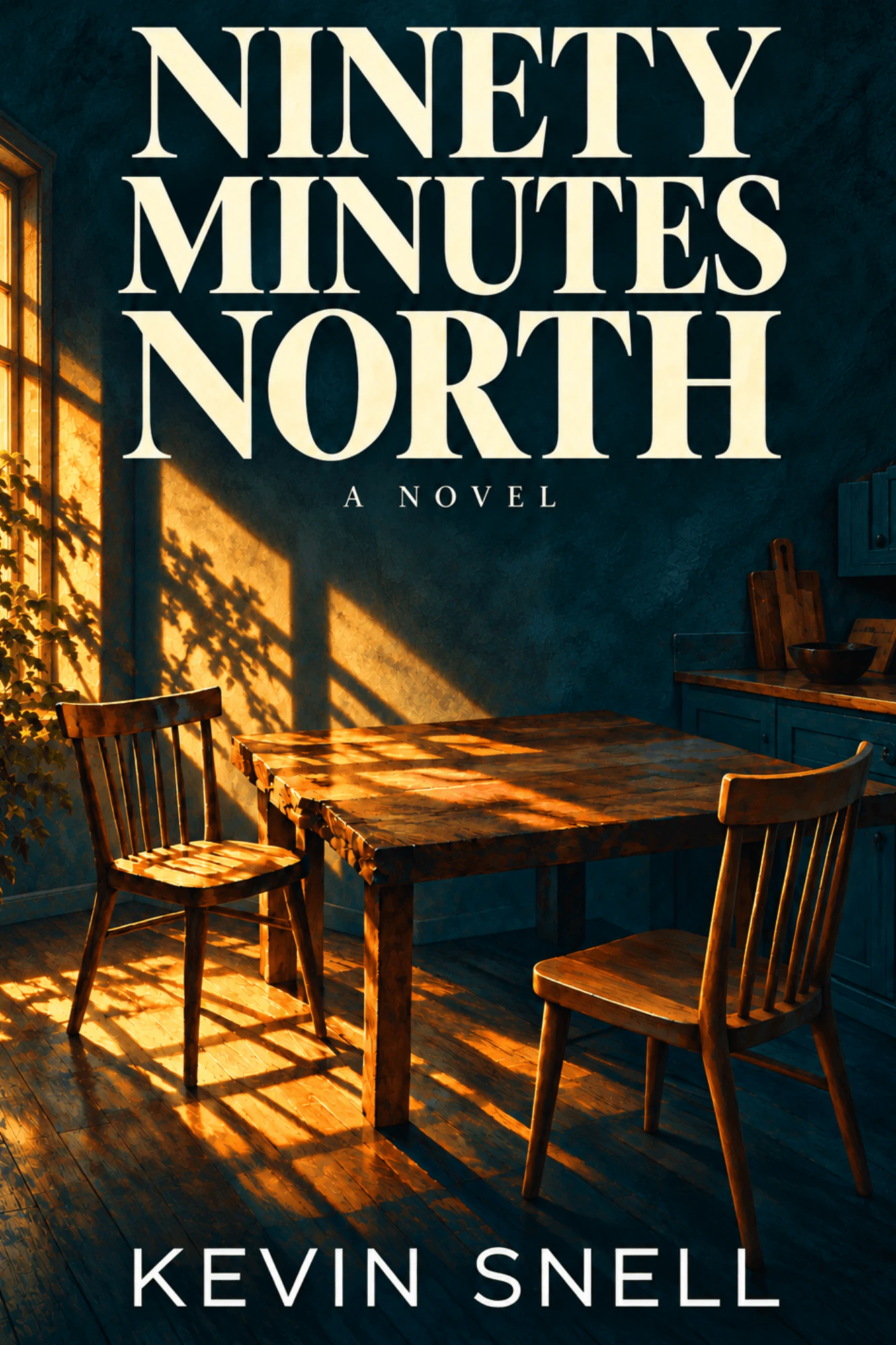 Ninety Minutes North by Kevin Snell, with amber sunlight across a wooden table and two chairs in a dark teal kitchen.